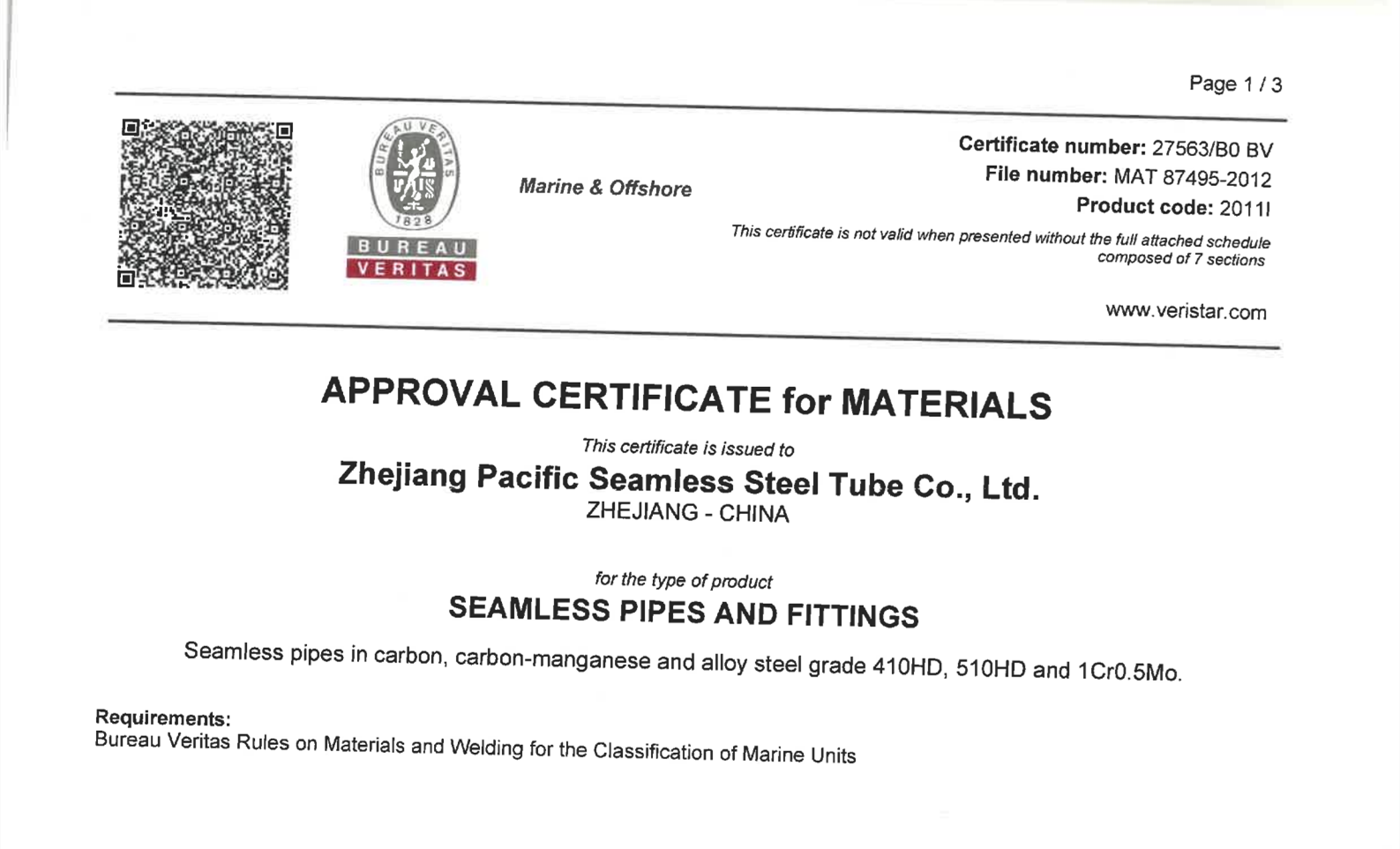 B&V CERTIFICATE